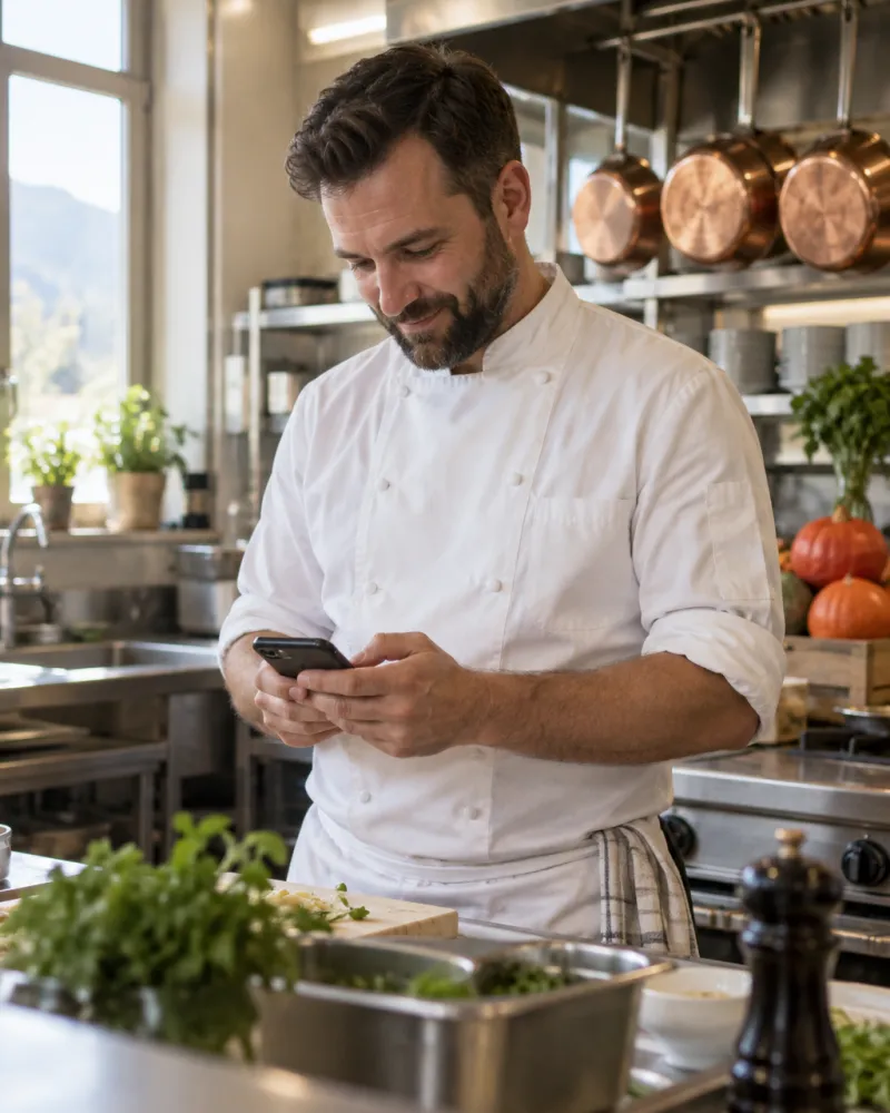 Koch mit Smartphone in seiner Restaurantküche