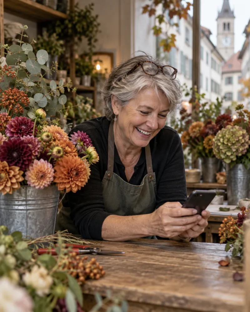 Floristin lacht über eine Antwort auf ihrem Smartphone