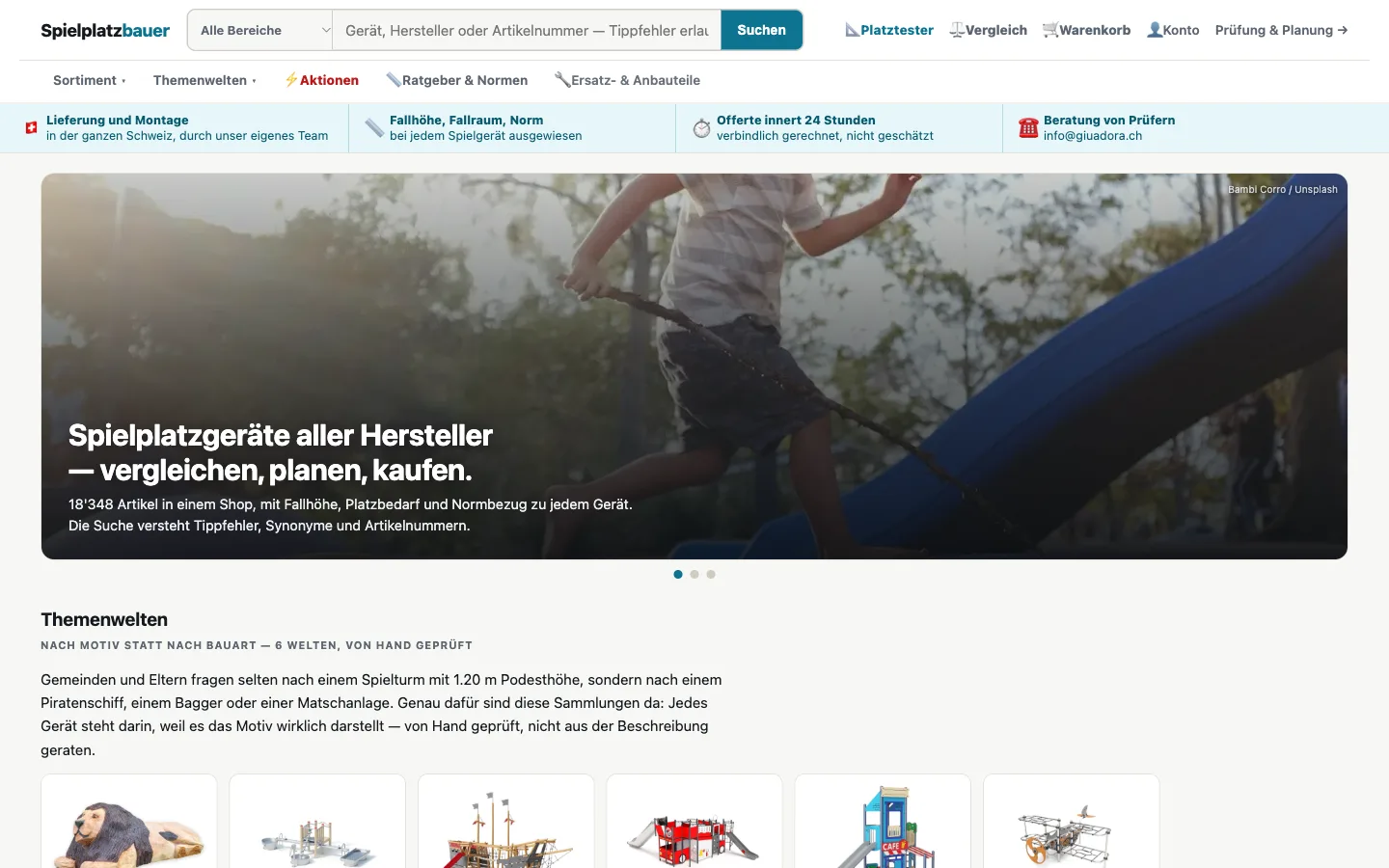 Startseite des Spielplatzbauer-Shops mit Suche, Themenwelten und Aktionen