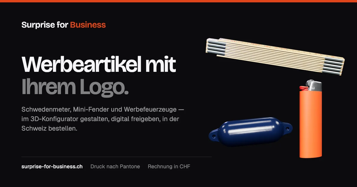 Startbild von surprise-for-business.ch mit Schwedenmeter, Fender und Feuerzeug